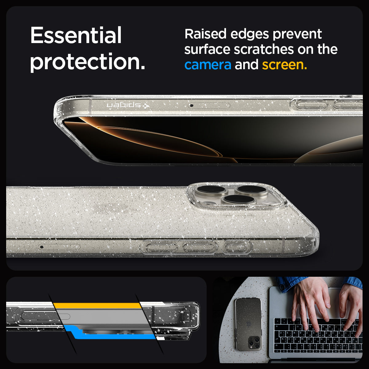 ACS07985 - iPhone 16 Pro Max Case Liquid Crystal Glitter in Crystal Quartz essential protection. raised edges prevent surface scratches on the camera an screen.