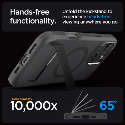 ACS08379 - iPhone 16 Pro Case Ultra Hybrid S (MagFit) in Frost Black hands free functionality. Unfold the kickstand to experience hands free viewing anywhere you go. tested durability 10,000x