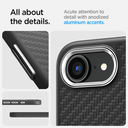 ACS09153 - iPhone 17e Case Enzo Aramid in Matte Black showing all about the details. Acute attention t detail with anodized aluminum accents