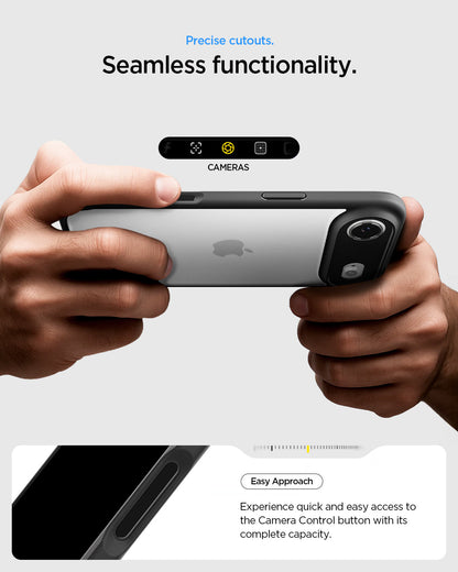 ACS10050 - iPhone 17 Air Ultra Hybrid in Matte Black showing precise cutouts. Seamless functionality. Easy approach. Experience quick and easy access to the camera control button with its complete capacity.