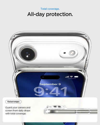 ACS10051 - iPhone 17 Air Ultra Hybrid (MagFit) in Clear White showing total coverage. all day protection. raised edges guard your camera and screen from daily drops with total coverage.