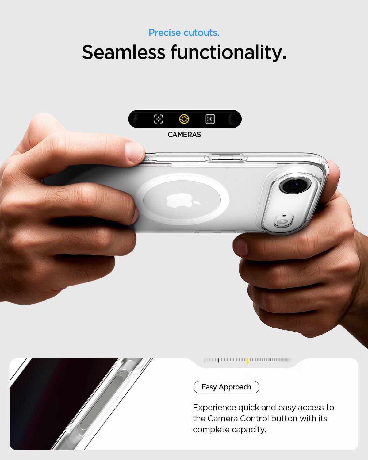 ACS10051 - iPhone 17 Air Ultra Hybrid (MagFit) in Clear White showing precise cutouts. seamless functionality. easy approach. experience quick and easy access to the camera control button with its complete capacity.