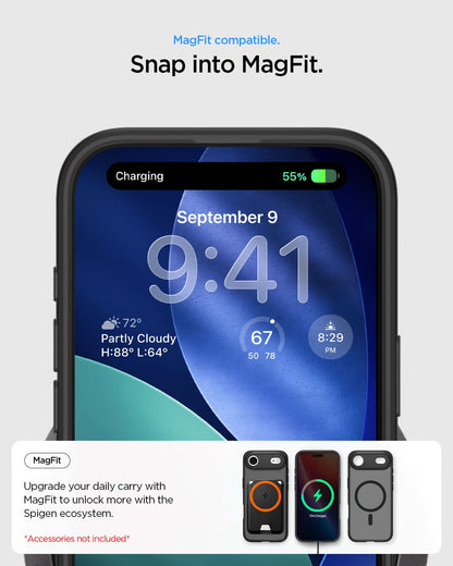 ACS10054 - iPhone 17 Air Ultra Hybrid (MagFit) in Frost Black showing magfit compatible. snap into magfit. upgrade your daily carry with magfit to unlock more with the spigen ecosystem.