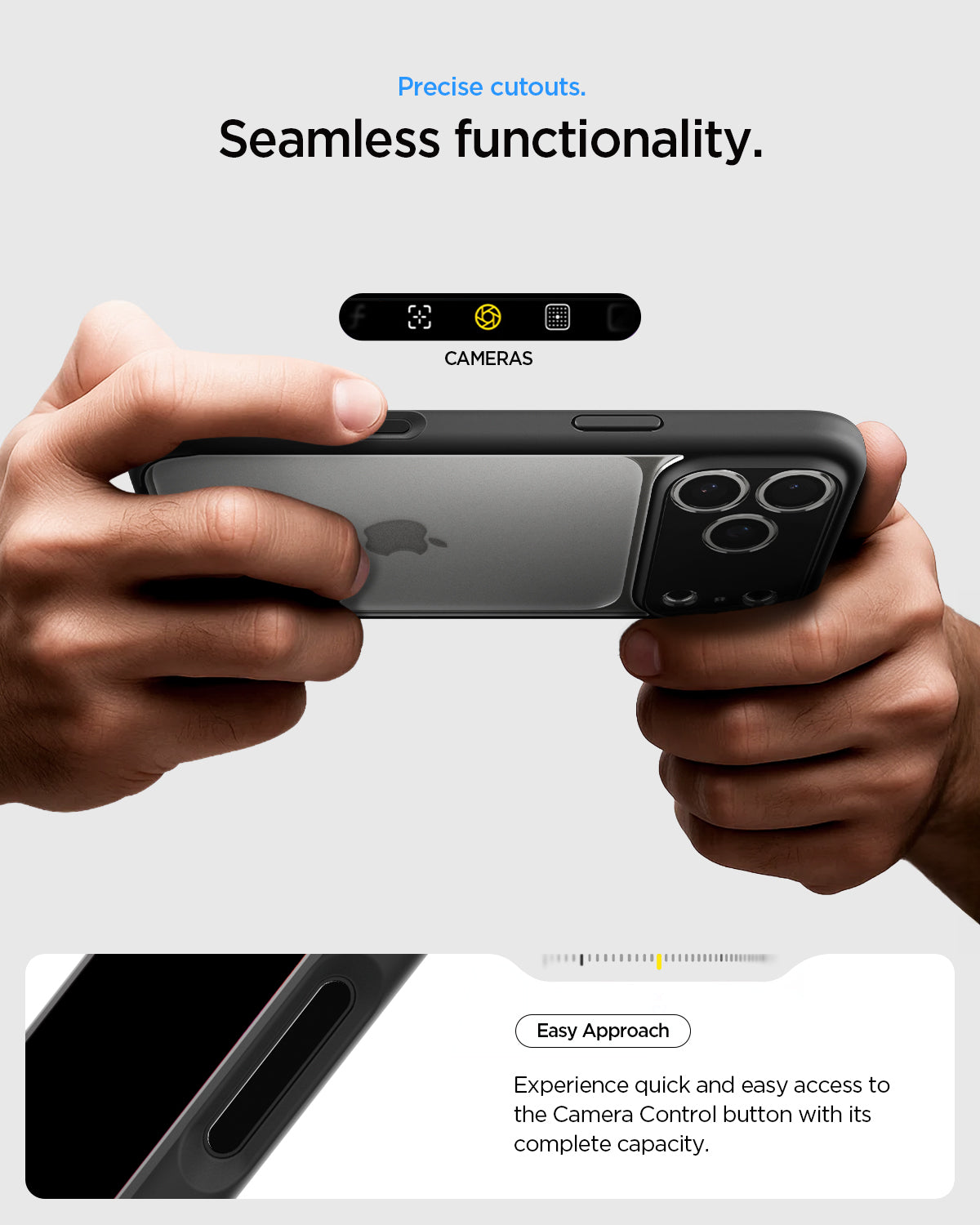 ACS10065 - iPhone 17 Pro Ultra Hybrid in Matte Black showing precise cutouts. Seamless functionality. Easy approach. Experience quick and easy access to the camera control button with its complete capacity.