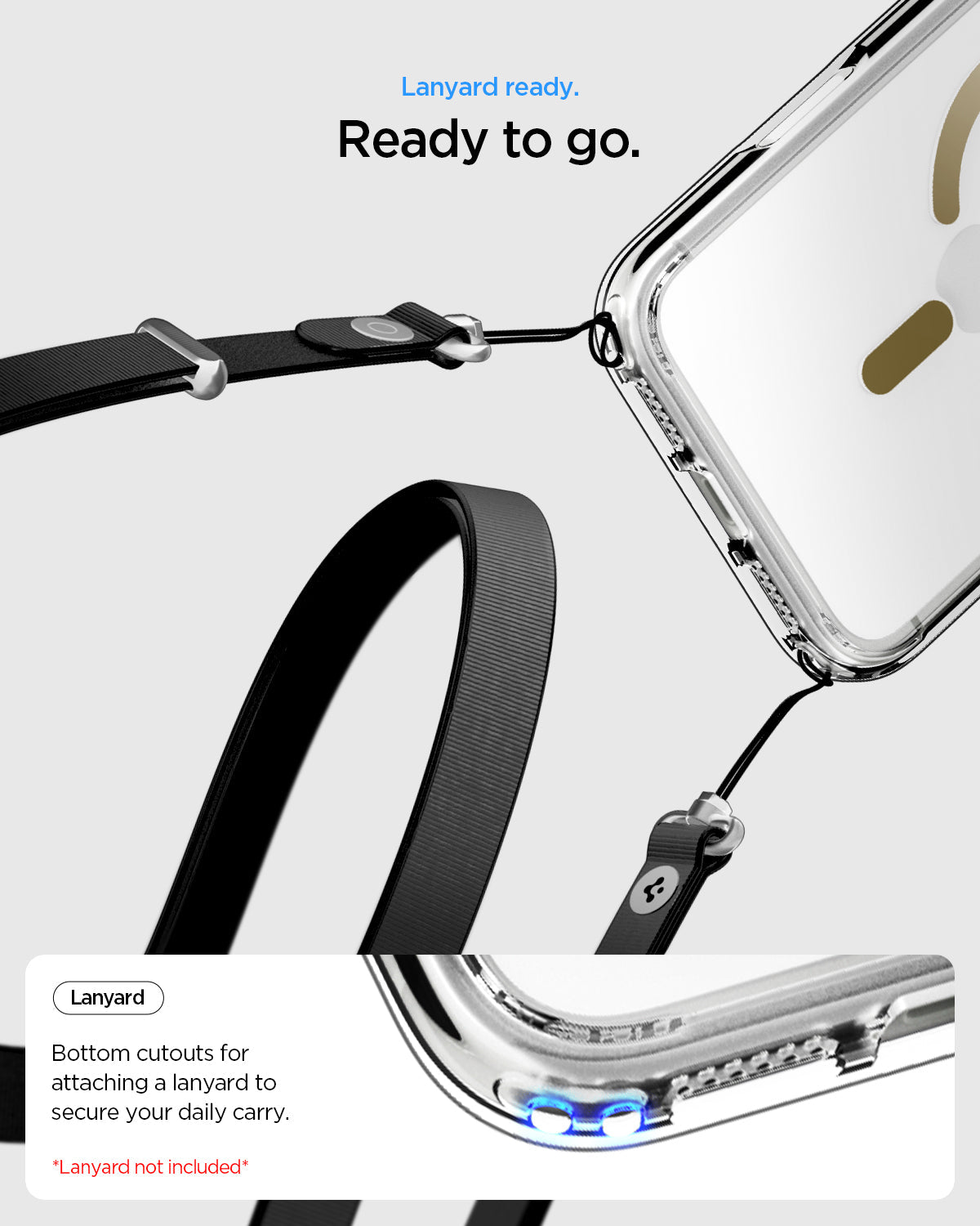 ACS10068 - iPhone 17 Pro Ultra Hybrid (MagFit) in Clear Gold showing lanyard ready to go. bottom cutouts for attaching a lanyard to secure our daily carry