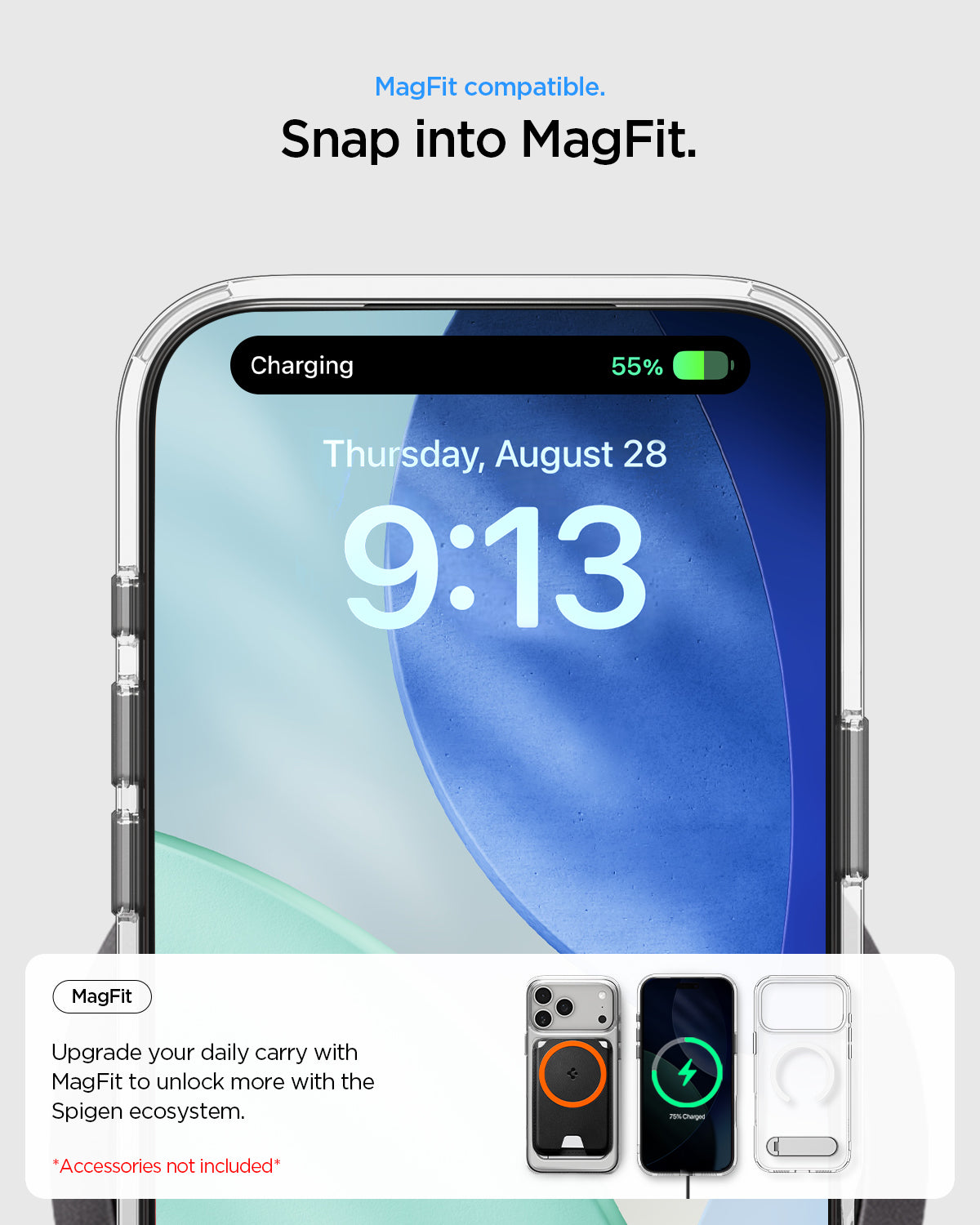 ACS09893 - iPhone 17 Pro Max Case Ultra Hybrid S (MagFit) showing the MagFit compatibility. Snap into MagFit. Upgrade daily carry with MagFit to unlock more with Spigen ecosystem.