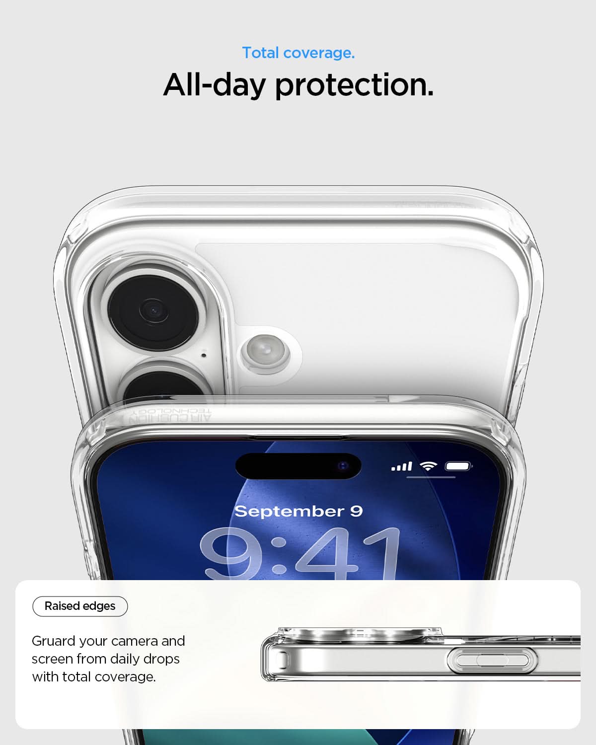 ACS10084 - iPhone 17 Ultra Hybrid (MagFit) in Clear Gold showing total coverage. all day protection. raised edges guard your camera and screen from daily drops with total coverage.