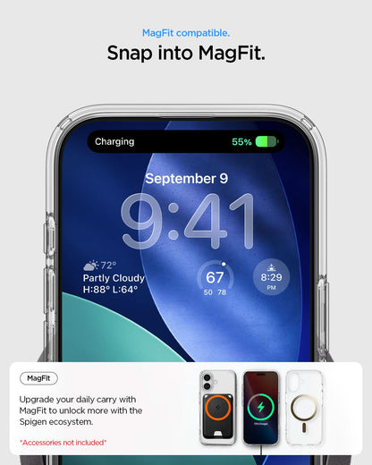 ACS10084 - iPhone 17 Ultra Hybrid (MagFit) in Clear Gold showing magfit compatible. snap into magfit. upgrade your daily carry with magfit to unlock more with the spigen ecosystem.