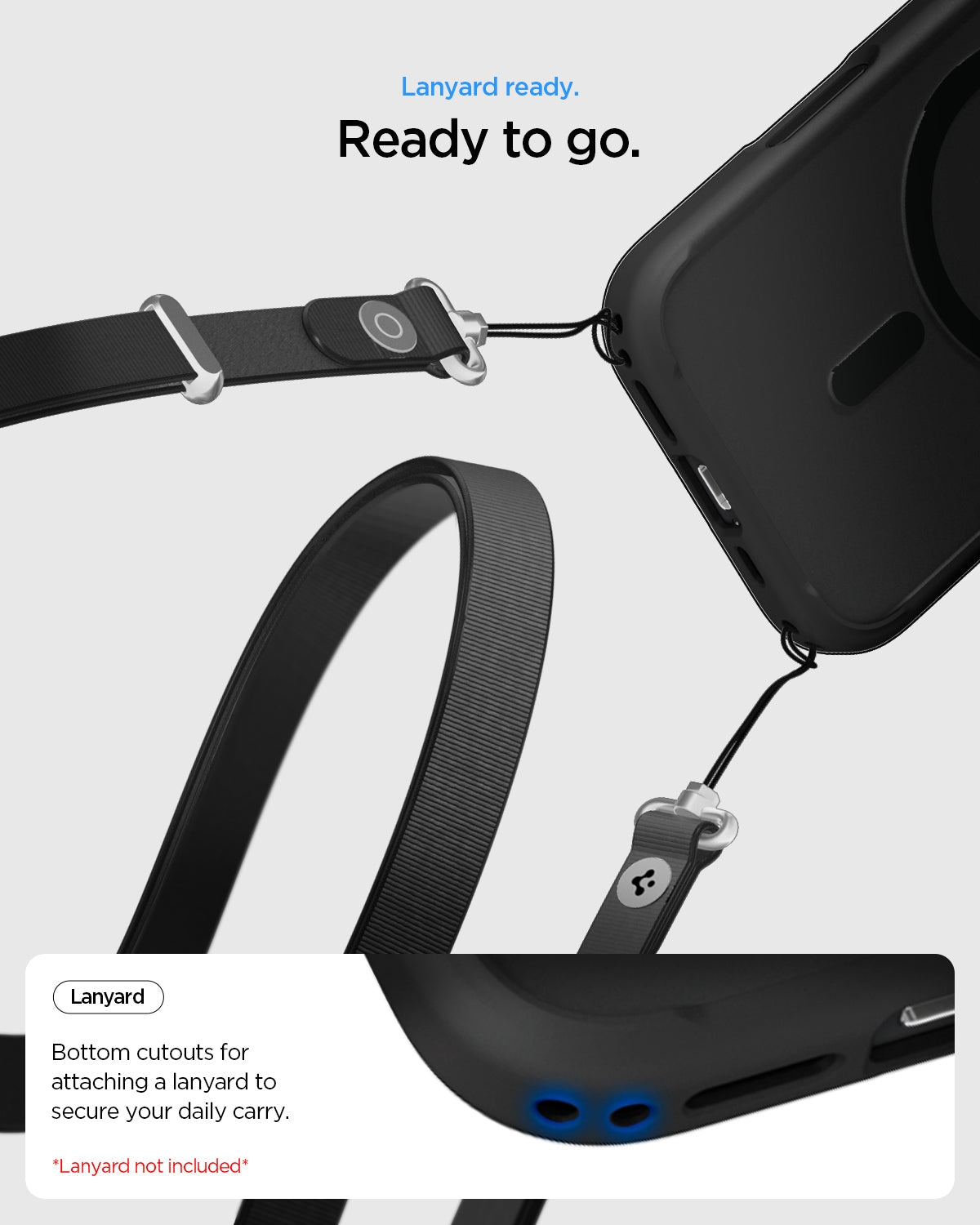 ACS10085 - iPhone 17 Ultra Hybrid (MagFit) in Frost Black showing lanyard ready. ready to go, lanyard, bottom cutout for attaching a lanyard to secure your daily carry. lanyard not included