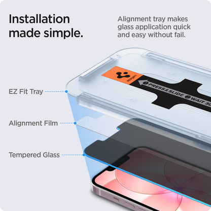 AGL03388 - iPhone 17e Screen Protector EZ FIT GLAS.tR Privacy showing how the installation made simple. Alignment tray makes glass application quick and easy without fail. Parts: EZ Fit Tray, Alignment Film and Tempered Glass