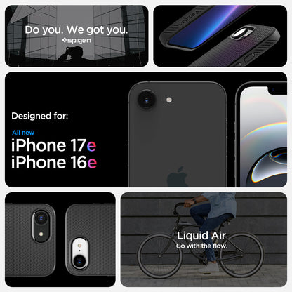 ACS09161 - iPhone 17e Case Liquid Air in Matte Black showing iPhone 17e and iPhone 16e compatibility and compatibility with design.