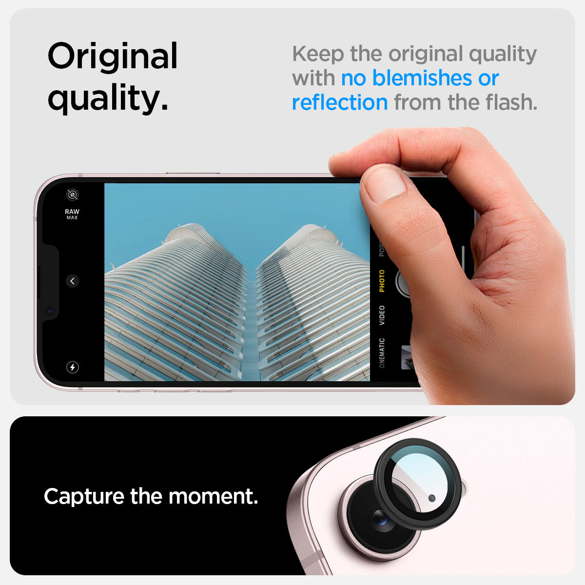 AGL09279 - iPhone 17e Optik Pro EZ Fit Lens Protector in Black showing the original quality. Keep the original quality with no blemishes or reflection form the flash