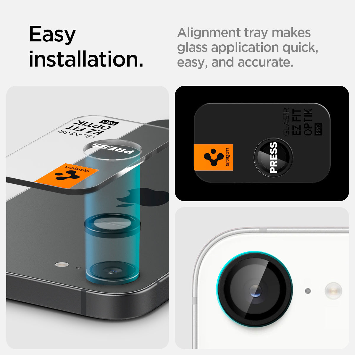 AGL09279 - iPhone 17e Optik Pro EZ Fit Lens Protector in Black showing the easy installation. Alignment tray makes glass application quick, easy and accrate