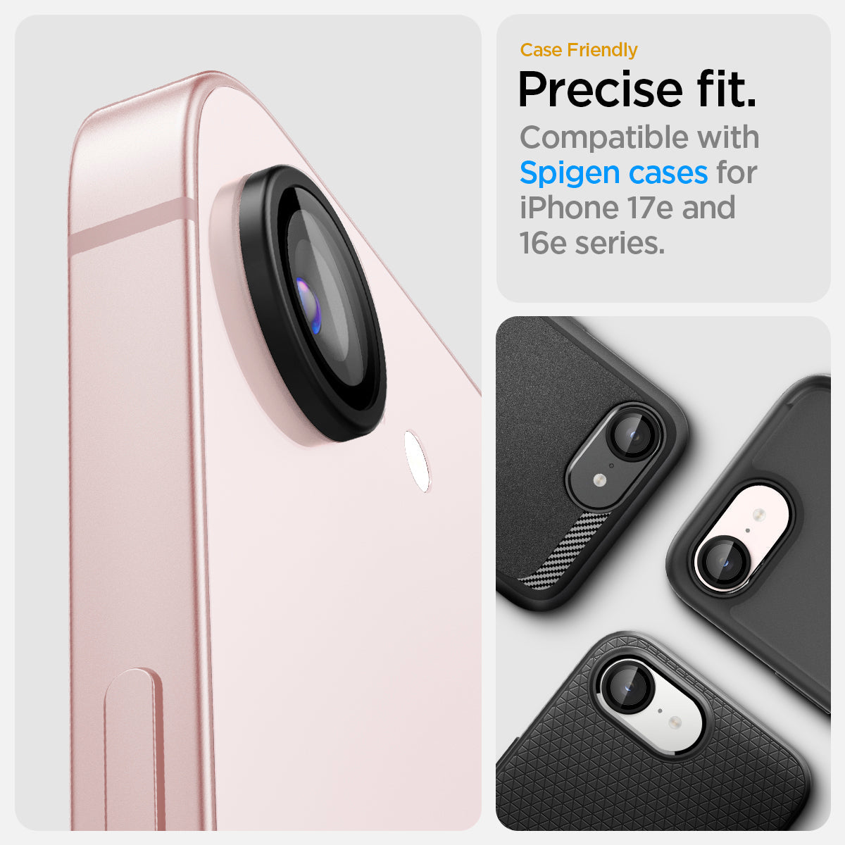 AGL09279 - iPhone 17e Optik Pro EZ Fit Lens Protector in Black showing the precise fit. Compatible with Spigen cases for iPhone 17e and iPhone 16e series