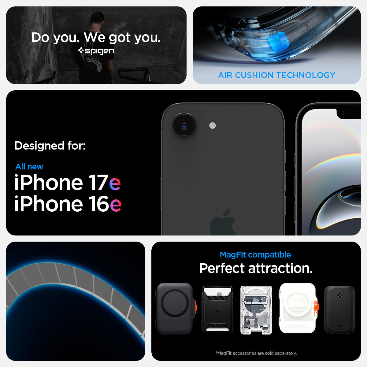 ACS09140 - iPhone 17e Case Ultra Hybrid (Mag Fit) showing iPhone 17e and iPhone 16e compatibility and compatibility with Mag Fit. Showcases Air Cushion technology along with Mag fit accessories showcases of Mag Fit wallets and chargers but Mag fit accesso