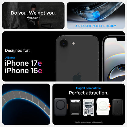 ACS09145 - iPhone 17e Case Ultra Hybrid (MagFit) showing iPhone 17e and iPhone 16e compatibility and compatibility with Mag Fit. Showcases Air Cushion technology along with Mag fit accessories showcases of Mag Fit wallets and chargers but Mag fit accessor