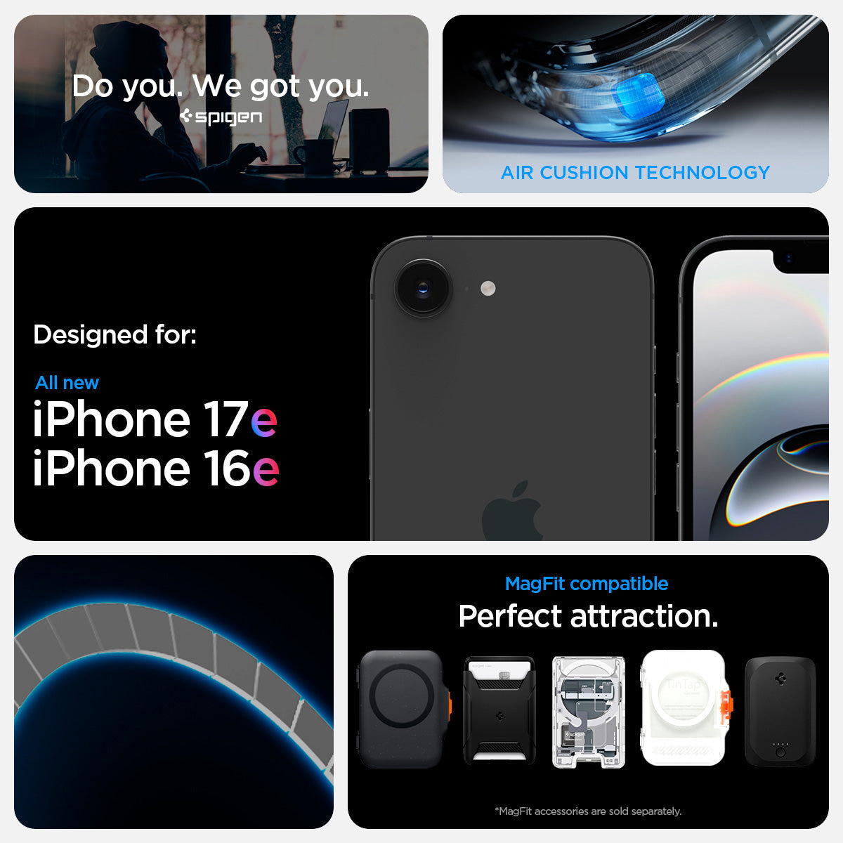 ACS09149 - iPhone 17e Case Ultra Hybrid S (MagFit) showing iPhone 17e and iPhone 16e compatibility and compatibility with Mag Fit. Showcases Air Cushion technology along with Mag fit accessories showcases of Mag Fit wallets and chargers but Mag fit access