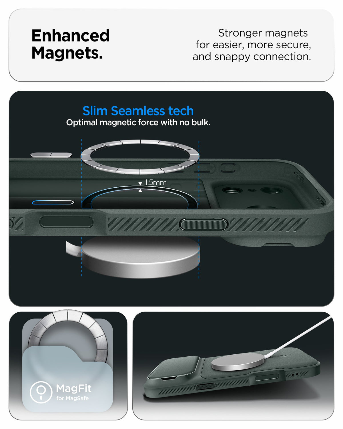 ACS09954 - iPhone 17 Pro Series Case Optik Armor (MagFit) in abyss green showing the enhanced magnets Stronger magnets for easier, more secure and snappy connection