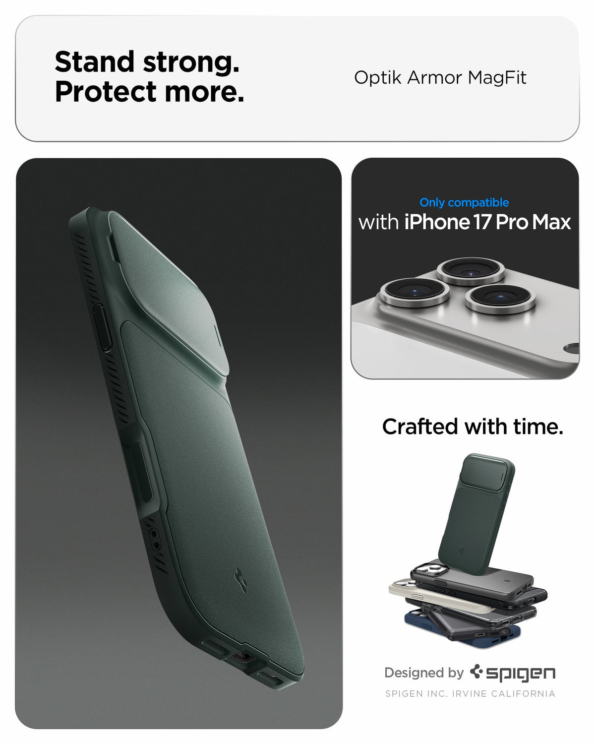 ACS09901 - iPhone 17 Pro Max Series Case Optik Armor (MagFit) in abyss green showing the stand strong and protect more with the case. Only compatible with iPhone 17 pro max