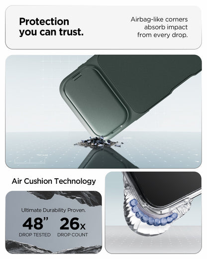 ACS09901 - iPhone 17 Pro Max Series Case Optik Armor (MagFit) in abyss green showing the protection you can trust. Airbag-like corners absorb impact from every drop with air cushion technology