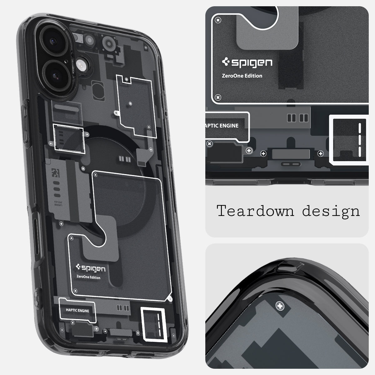 ACS08208 - iPhone 16 Case Ultra Hybrid Zero One (MagFit) in Zero One teardown design.