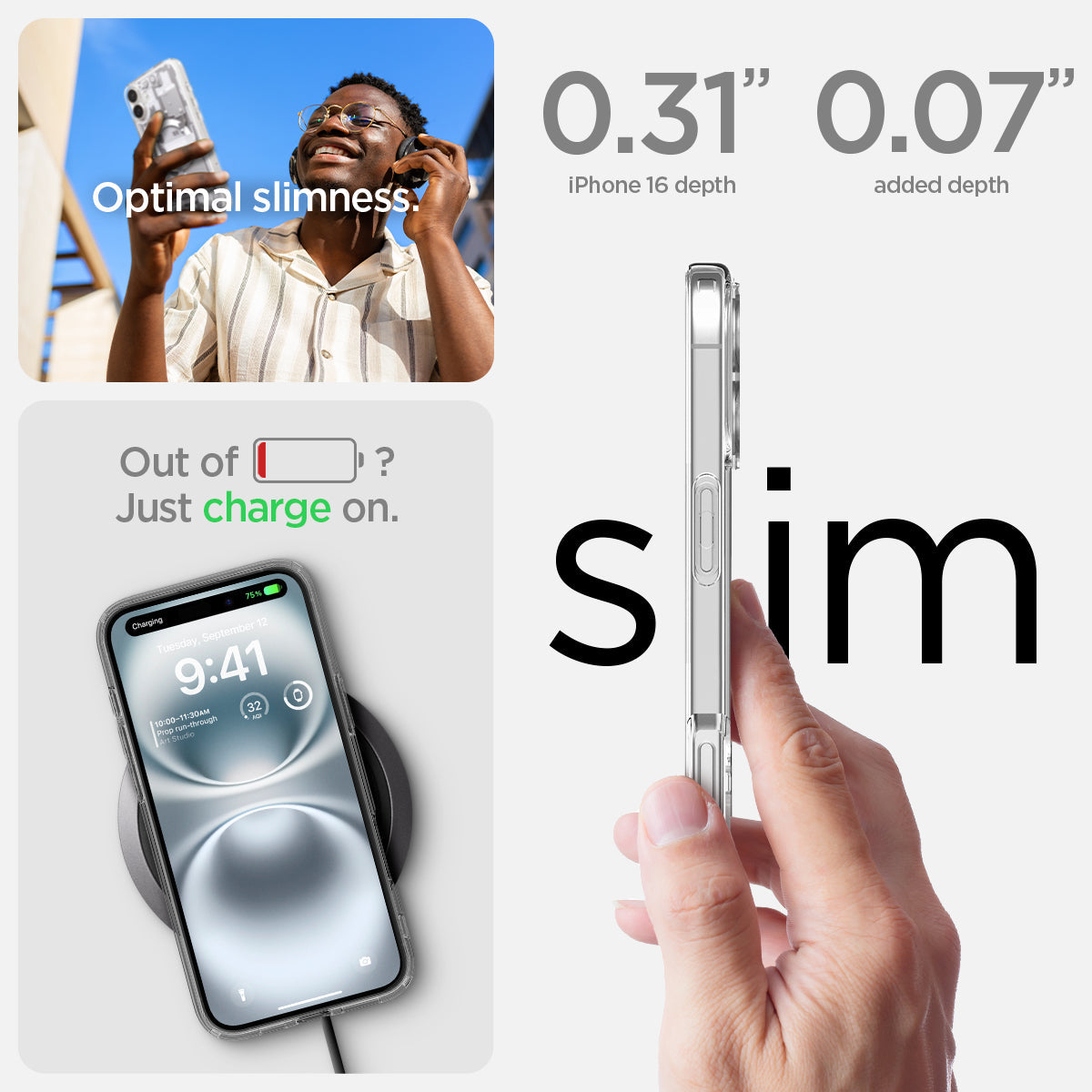 ACS08209 - iPhone 16 Case Ultra Hybrid Zero One (MagFit) in Zero One White optimal slimness. Out of battery? Just charge on. 0.31" and 0.07" slim.