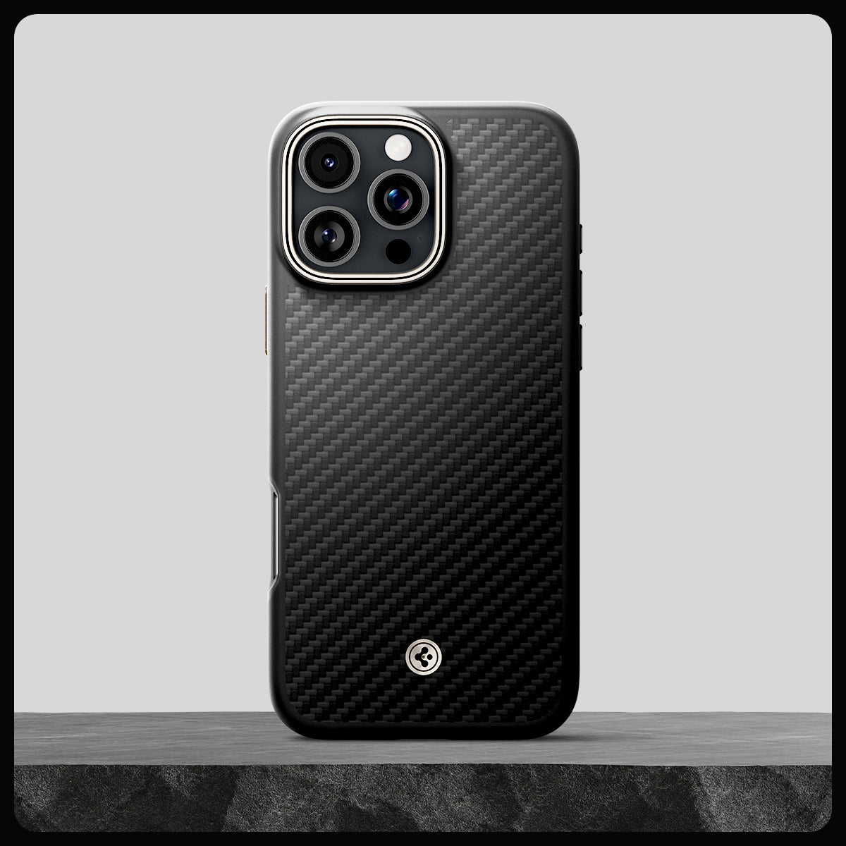 ACS08508 - iPhone 16 Pro Case Enzo Aramid in Black Natural showing whole case on the rock.