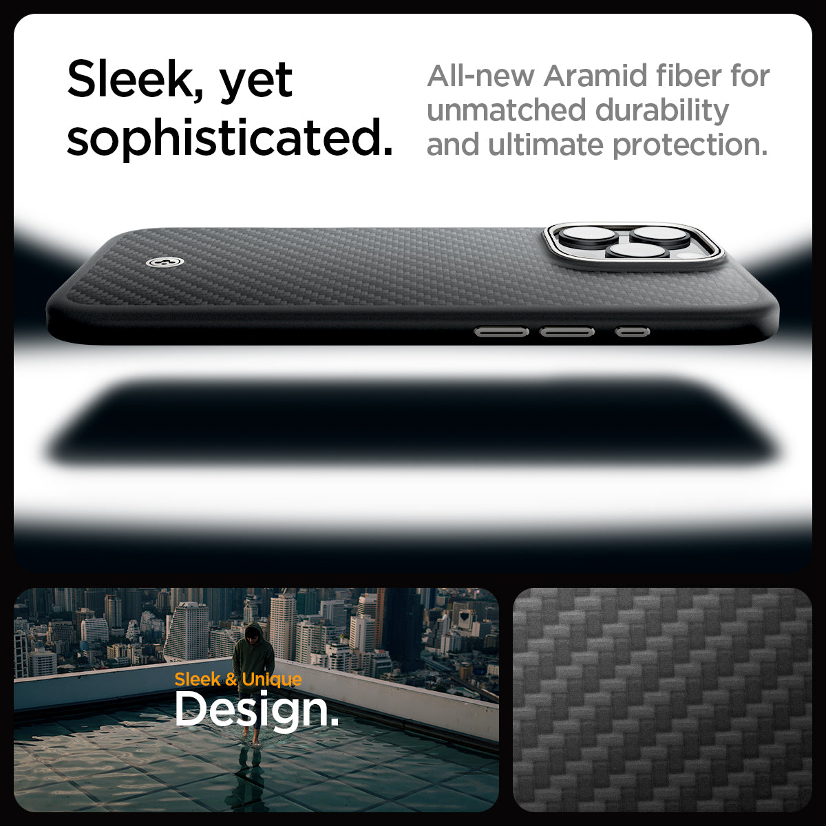ACS08508 - iPhone 16 Pro Case Enzo Aramid in Black Natural sleek, yet, sophisticated. All new aramid fiber for unmatched durability and ultimate protection.