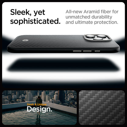 ACS08508 - iPhone 16 Pro Case Enzo Aramid in Black Natural sleek, yet, sophisticated. All new aramid fiber for unmatched durability and ultimate protection.