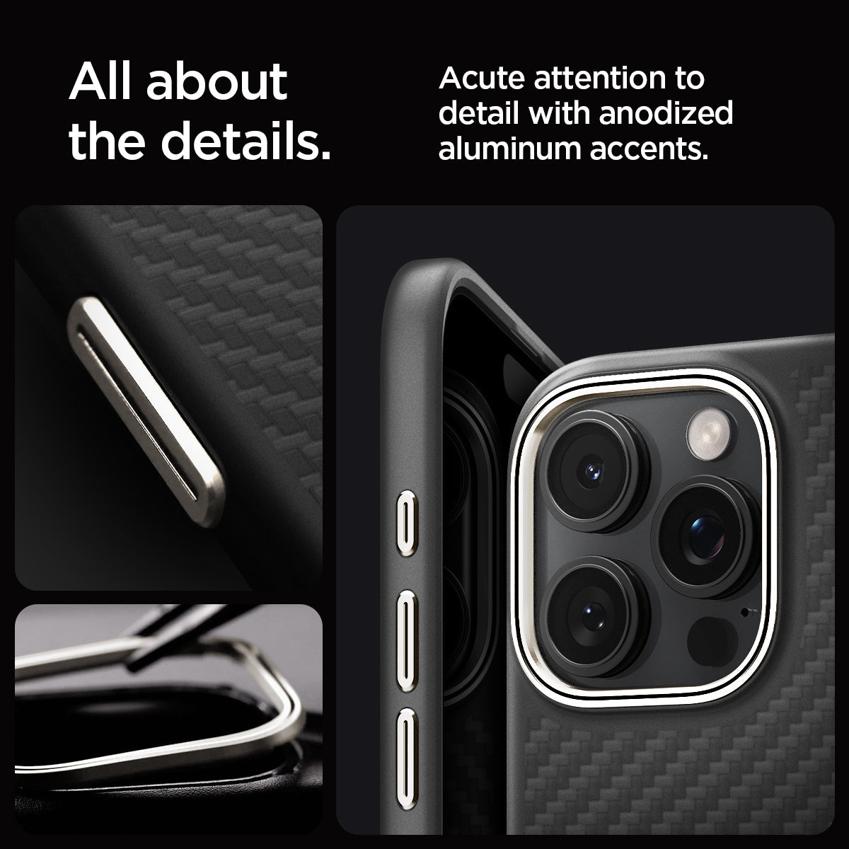 ACS08508 - iPhone 16 Pro Case Enzo Aramid in Black Natural all about the details. Acute attention to detail with anodized aluminum accents.