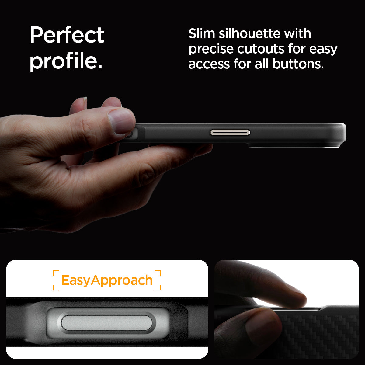 ACS08508 - iPhone 16 Pro Case Enzo Aramid in Black Natural perfect profile. Slim silhouette with precise cutouts for easy access for all buttons.