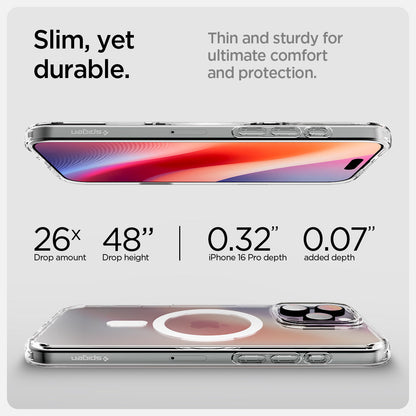 ACS08512 - iPhone 16 Pro Case Ultra Hybrid T (MagFit + Camera Control) in White showing the slim, yet durable, thin and sturdy for ultimate comfort and protection, 26x drop amount, 48" drop height | 0.32" device depth 0.07" added depth
