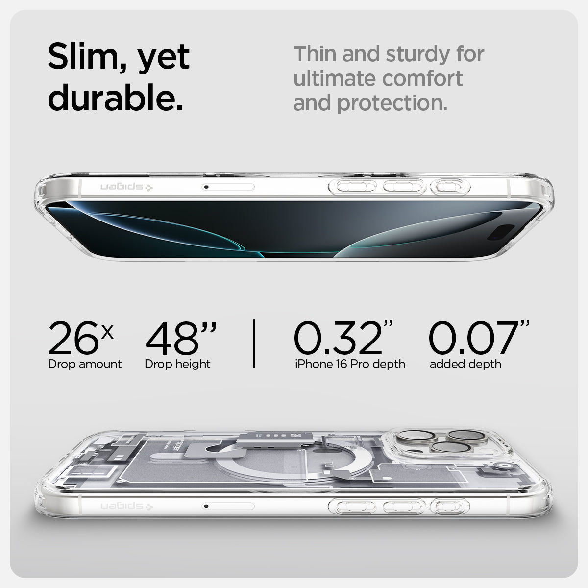 ACS08136 - iPhone 16 Pro Case Ultra Hybrid Zero One (MagFit) in Zero One White slim yet durable. thin and sturdy for ultimate comfort and protection. drop amount, drop height, iPhone pro max depth. added depth.
