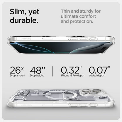 ACS08136 - iPhone 16 Pro Case Ultra Hybrid Zero One (MagFit) in Zero One White slim yet durable. thin and sturdy for ultimate comfort and protection. drop amount, drop height, iPhone pro max depth. added depth.