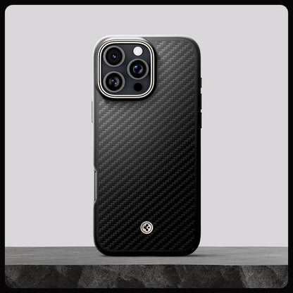 ACS08501 - iPhone 16 Pro Max Case Enzo Aramid in Black Natural showing whole case on the rock.
