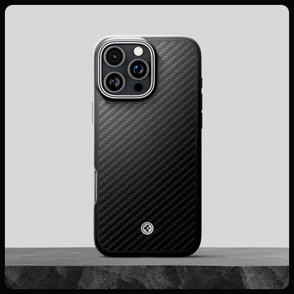 ACS08017 - iPhone 16 Pro Max Case Enzo Aramid in Black Silver showing whole case on the rock.