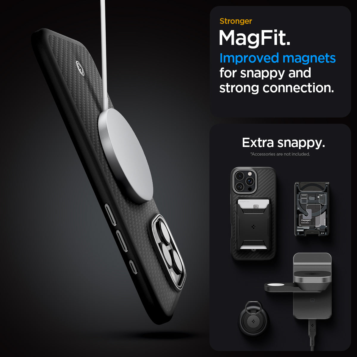 ACS08017 - iPhone 16 Pro Max Case Enzo Aramid in Black Silver stronger magfit improved magnets for snappy and strong connection. Extra snappy.