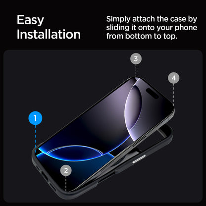 ACS08017 - iPhone 16 Pro Max Case Enzo Aramid in Black Silver easy installation. Simply attach the case by sliding it onto your phone from bottom to top.