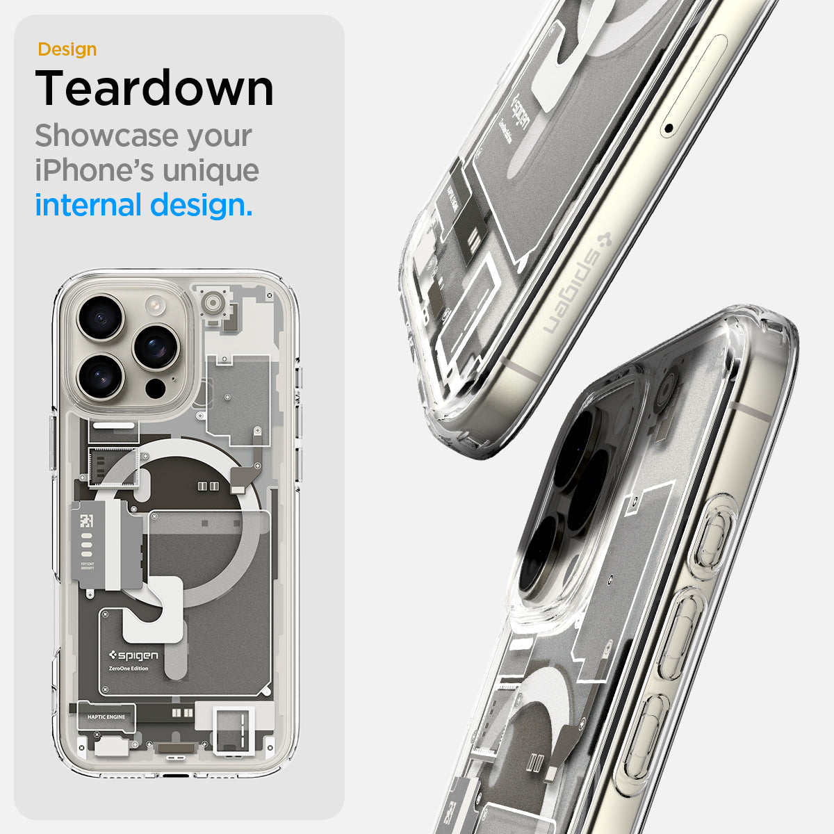ACS08381 - iPhone 16 Pro Max Case Ultra Hybrid Zero One (MagFit) in Zero One Natural Titanium teardown design. showcase your iPhone's unique internal design.