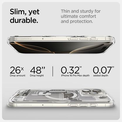 ACS08381 - iPhone 16 Pro Max Case Ultra Hybrid Zero One (MagFit) in Zero One Natural Titanium slim yet durable. thin and sturdy for ultimate comfort and protection. drop amount, drop height, iPhone pro max depth. added depth.