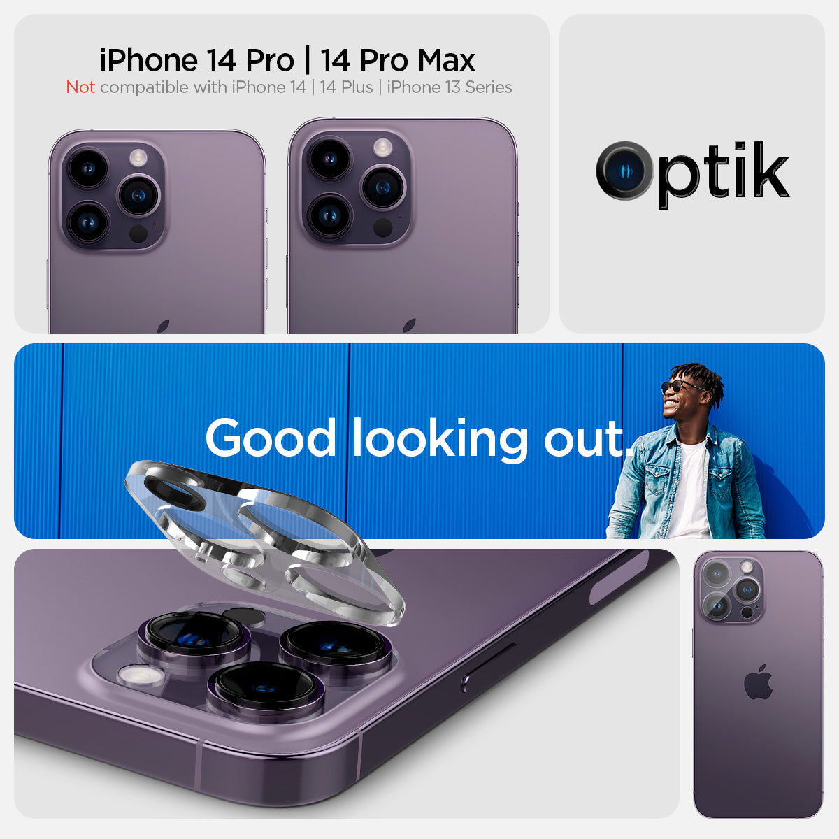 AGL05761 - iPhone 14 Pro / 14 Pro Max Optik Lens Protector in crystal clear keep a lookout showing the compatibility only with iPhone 14 pro, 14 pro max. Not compatible with iPhone 14, 14 plus.