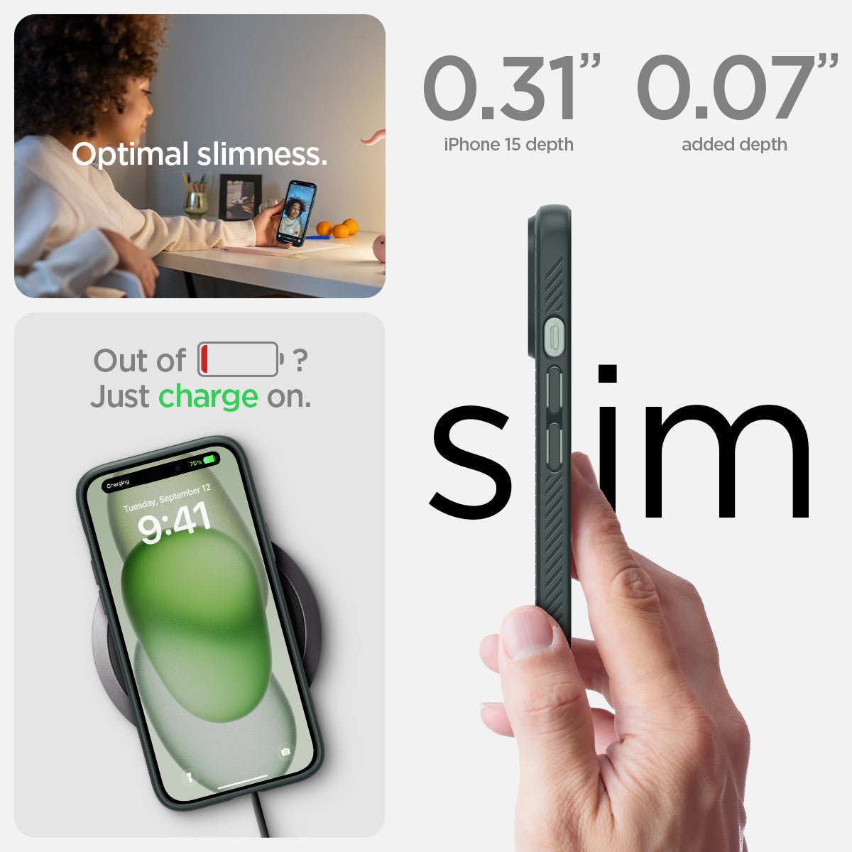 ACS06792 - iPhone 15 Case Liquid Air in abyss green the 0.31" iPhone 16 Plus depth. 0.06" added depth optimal slimness. out of battery? just charge on.