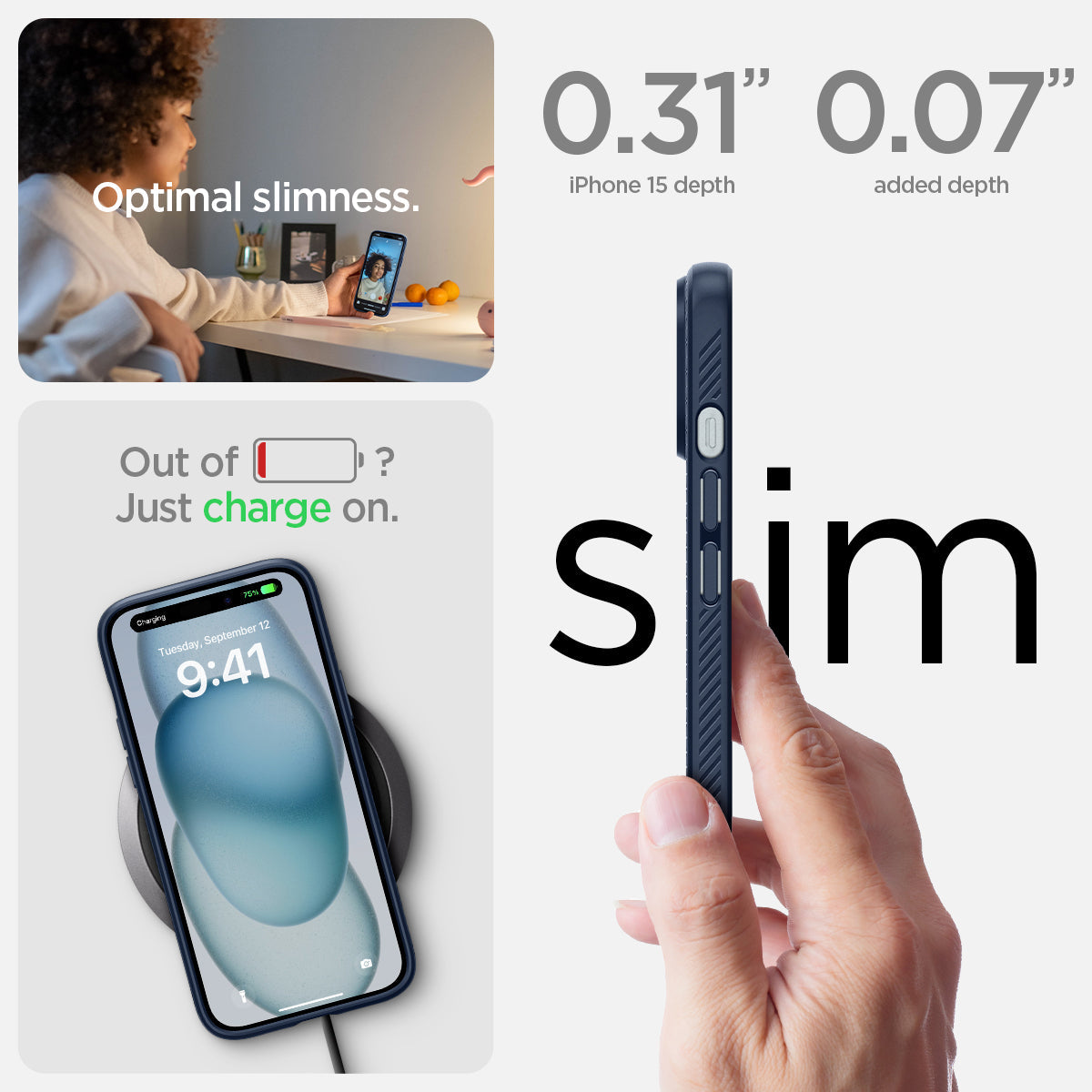ACS06791 - iPhone 15 Case Liquid Air in navy blue the 0.31" iPhone 16 Plus depth. 0.06" added depth optimal slimness. out of battery? just charge on.