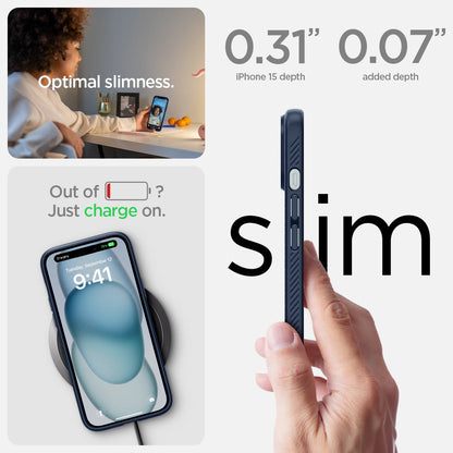 ACS06791 - iPhone 15 Case Liquid Air in navy blue the 0.31" iPhone 16 Plus depth. 0.06" added depth optimal slimness. out of battery? just charge on.