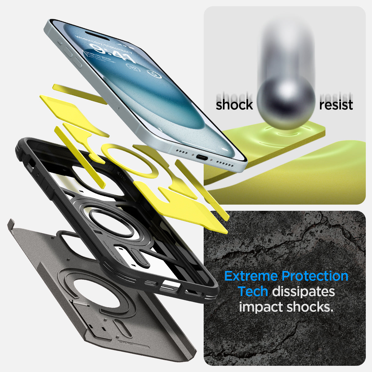 ACS06810 - iPhone 15 Case Tough Armor (MagFit) in gunmetal shock resist. extreme protection tech dissipates impact shocks.