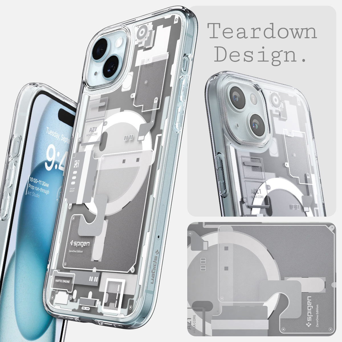 ACS07037 - iPhone 15 Case Ultra Hybrid Zero One in white teardown design.