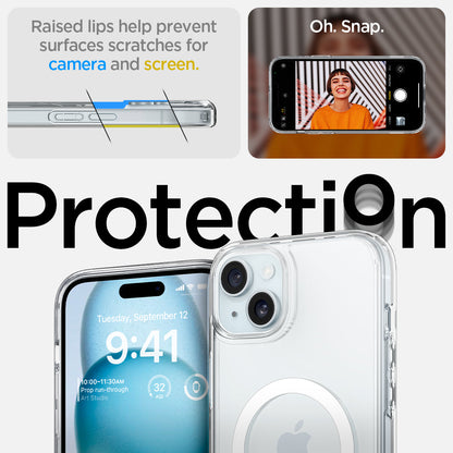 ACS06807 - iPhone 15 Case Ultra Hybrid S (MagFit) in crystal clear showing the raised lips help prevent surfaces scratches for camera and screen