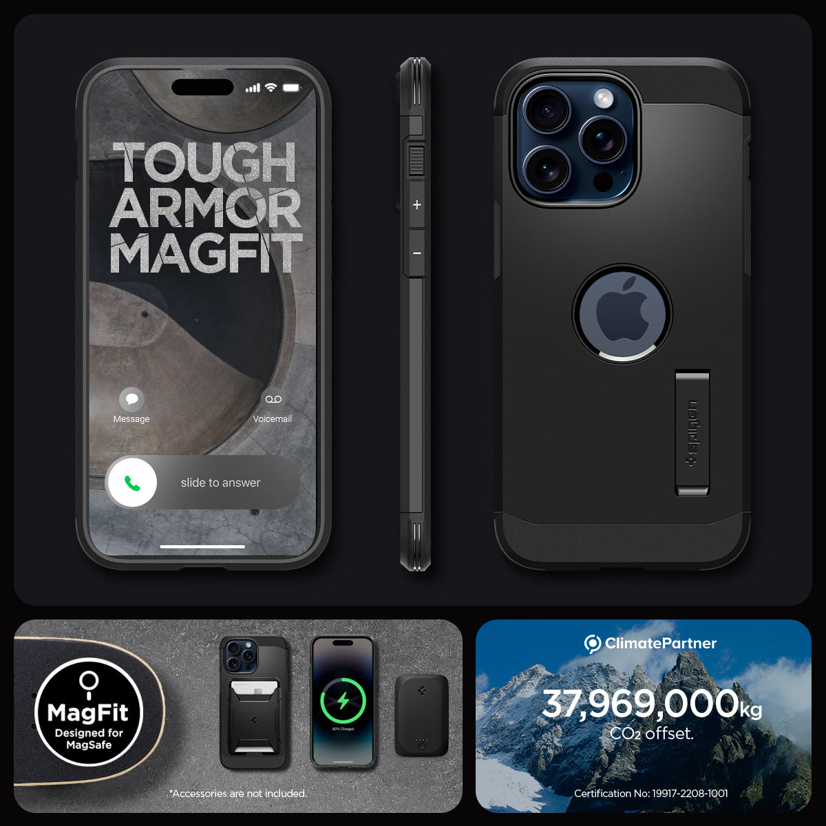 ACS06733 - iPhone 15 Pro Case Tough Armor (MagFit) in black tough armor magfit. designed for magsafe. 37,969,000kg CO2 offset.