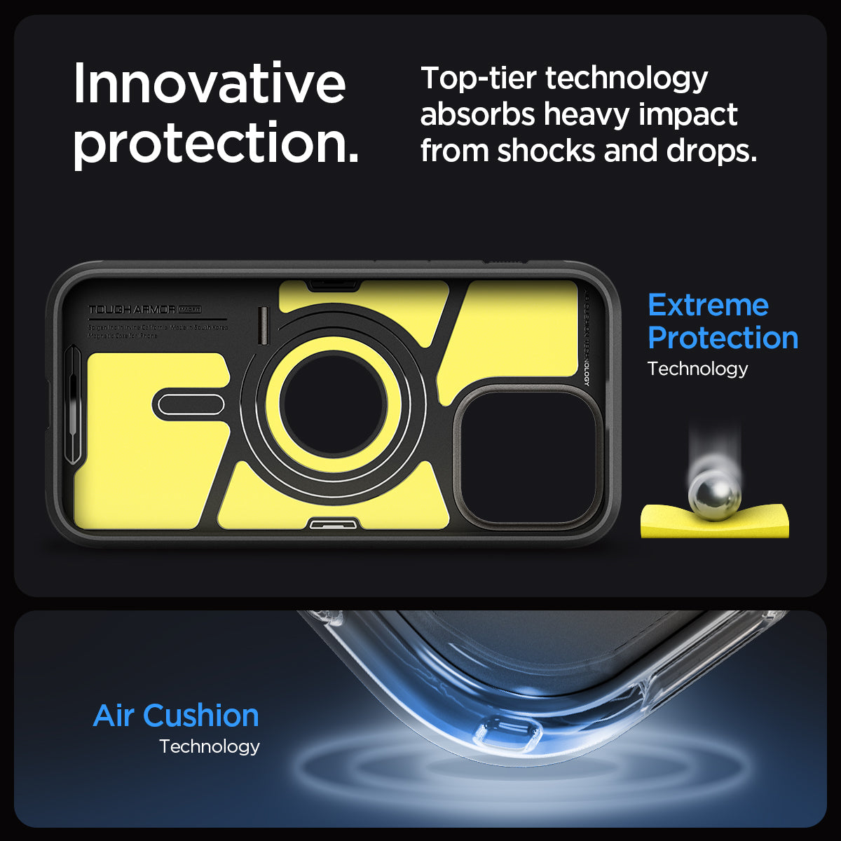 ACS06732 - iPhone 15 Pro Case Tough Armor (MagFit) in gunmetal innovative protection. top tier technology absorbs heavy impact from shocks and drops. Extreme protection technology. Air cushion technology.