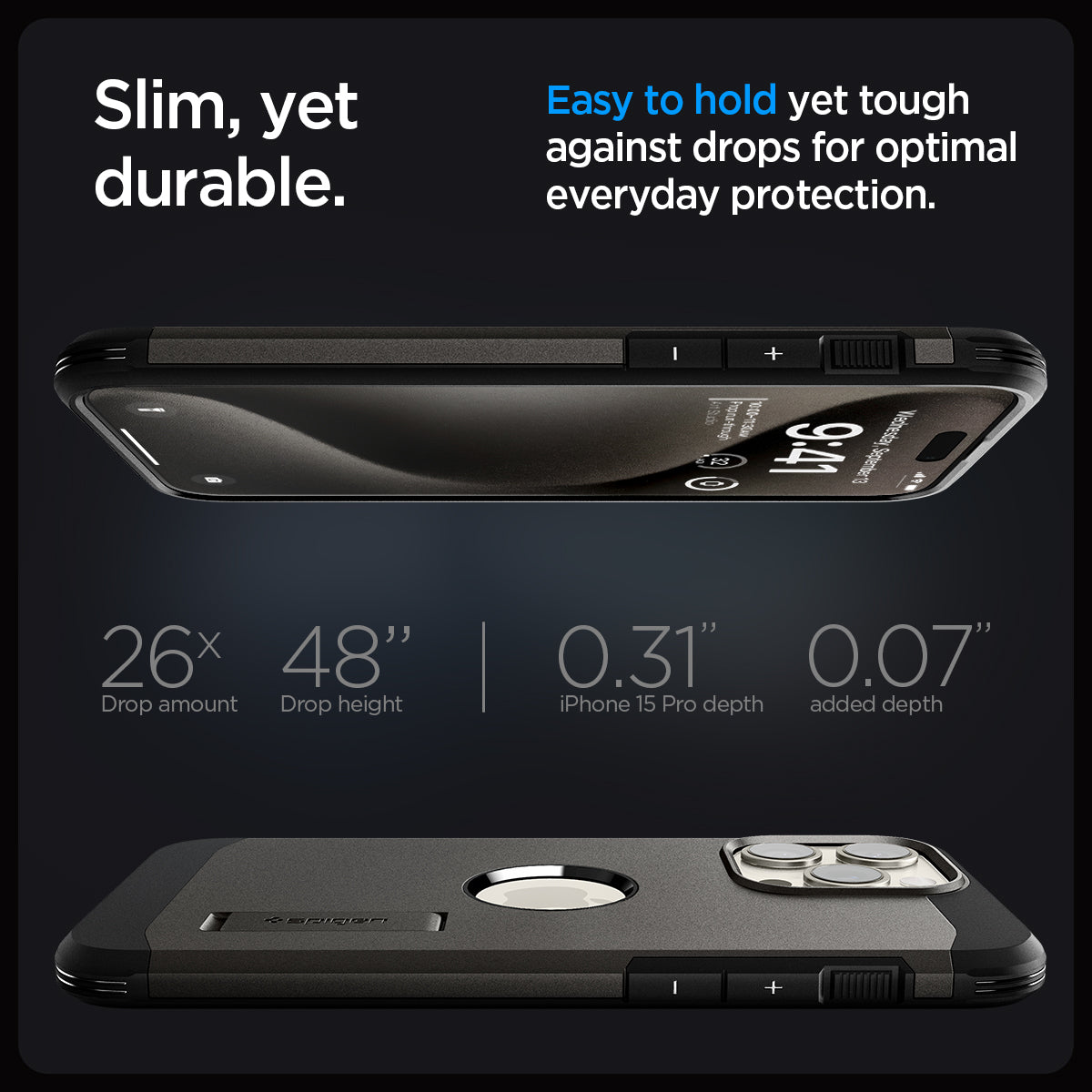 ACS06732 - iPhone 15 Pro Case Tough Armor (MagFit) in gunmetal slim yet durable. easy to hold yet tough against drops for optimal everyday protection
